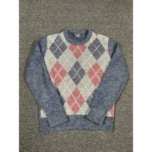 Vintage Sweater Mens Large Shag Kurt Kobain Argyle Print Mohair Pullover USA 60s